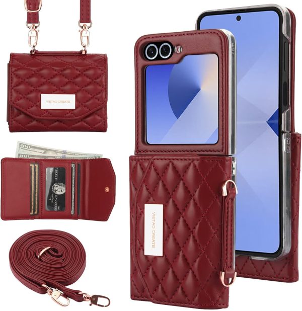for Samsung Galaxy Z Flip 7 Wallet Case with Built-in Leather Cash Slot and Credit Card Holder, Adjustable Crossbody Strap, Hinge Protection for Women Ladies.(Red)