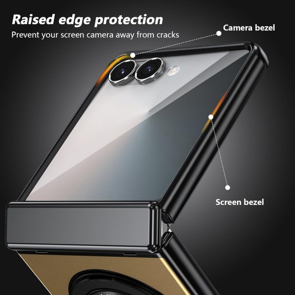 for Samsung Galaxy Z Flip 7 Case with Magnetic Ring Holder, 360 Rotating Bracket, Hinge Protection & Built-in Front Screen Protector, Slim Anti-Drop Shockproof Case.(Gold)