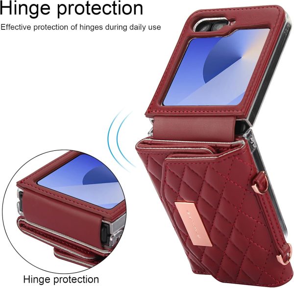 for Samsung Galaxy Z Flip 7 Wallet Case with Built-in Leather Cash Slot and Credit Card Holder, Adjustable Crossbody Strap, Hinge Protection for Women Ladies.(Red)