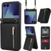 for Samsung Galaxy Z Flip 7 Luxury Zipper Wallet Phone Case, Multi-Function Kickstand Card Holder Adjustable Crossbody Strap, Fashion Flip Case.(Black)