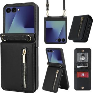 for Samsung Galaxy Z Flip 7 Luxury Zipper Wallet Phone Case, Multi-Function Kickstand Card Holder Adjustable Crossbody Strap, Fashion Flip Case.(Black)