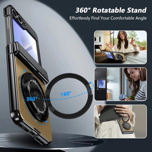 for Samsung Galaxy Z Flip 7 Case with Magnetic Ring Holder, 360 Rotating Bracket, Hinge Protection & Built-in Front Screen Protector, Slim Anti-Drop Shockproof Case.(Gold)