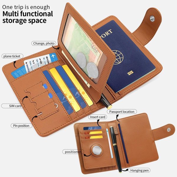 Passport Holder Wallet Bag with AirTag Holder, Card Slots and Passport Solt Ticket Cash Solt, Photo Solt Sim Card Pen Slot.Brown