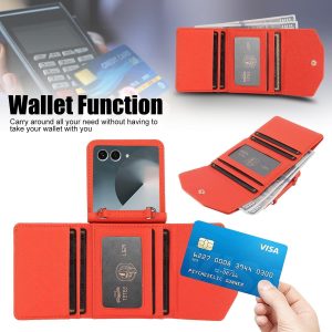 for Samsung Galaxy Z Flip 7 Wallet Case with Built-in Leather Cash Slot and Credit Card Holder. Wristlet Strap and Hinge Protection, Carrying Handbag Phone Case for Women Ladies.(Orange)