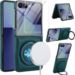 for Samsung Galaxy Z Flip 7 Case with Magnetic Ring Holder, 360 Rotating Bracket, Built-in Front Screen Protector, Slim Anti-Drop Shockproof Case.(Green)