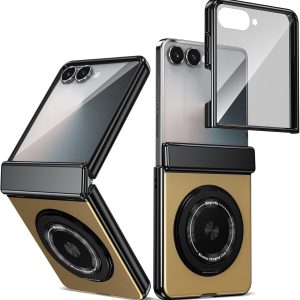 for Samsung Galaxy Z Flip 7 Case with Magnetic Ring Holder, 360 Rotating Bracket, Hinge Protection & Built-in Front Screen Protector, Slim Anti-Drop Shockproof Case.(Gold)