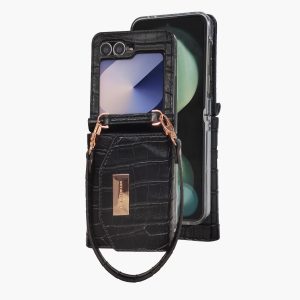 Samsung Galaxy Z Flip 6 Wallet Case with Built-in Leather Cash Slot and Credit Card Holder, Crocodile, Adjustable Crossbody Strap, Hinge Protection