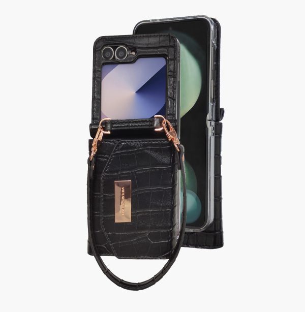 Samsung Galaxy Z Flip 6 Wallet Case with Built-in Leather Cash Slot and Credit Card Holder, Crocodile, Adjustable Crossbody Strap, Hinge Protection