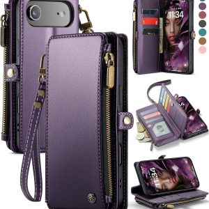 Defencase Compatible with iPhone 17 Air Case Wallet with RFID Blocking Card Holder for Women Men, Fashion PU Leather Magnetic Snap Flip Zipper Strap Wallet Phone Case for iPhone 17 Air 6.5", Purple