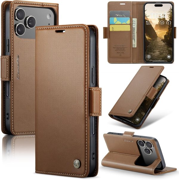 for iPhone 17 Pro Max Wallet Case, RFID Blocking with Kickstand 3 Credit Card Slot and Cash Slot Magnetic Closure Wireless Charging Slim PU Leather Protective Cover - Brown