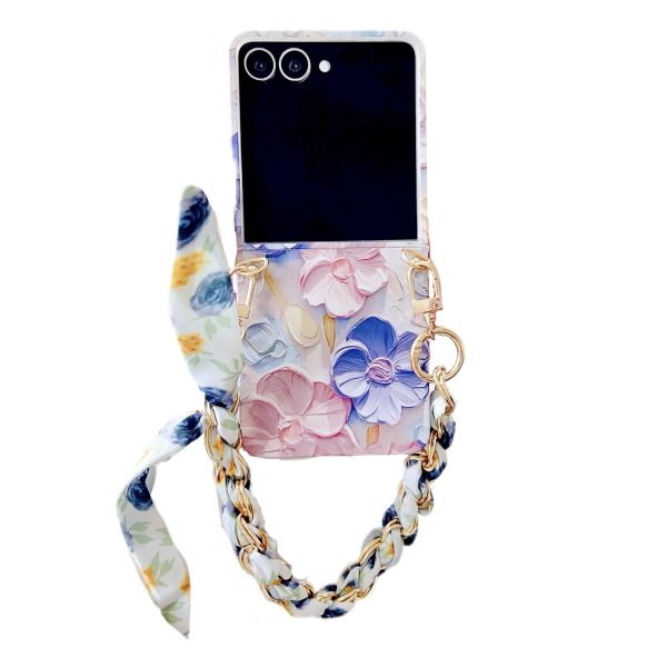 Samsung Galaxy Z Flip 7/6/5 Offers a Flat Embossed Watercolor Floral Full wrap Phone case, Complete with a Silk Scarf/Bracelet and an Exquisite Oil Painting Pattern.