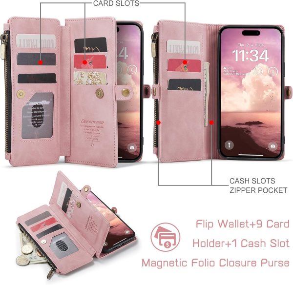 Defencase Compatible with iPhone 17 Case Wallet with RFID Blocking Card Holder for Women and Men, Fashion PU Leather Magnetic Snap Flip Zipper Strap Wallet Phone Case for iPhone 17 6.3", Rose Pink
