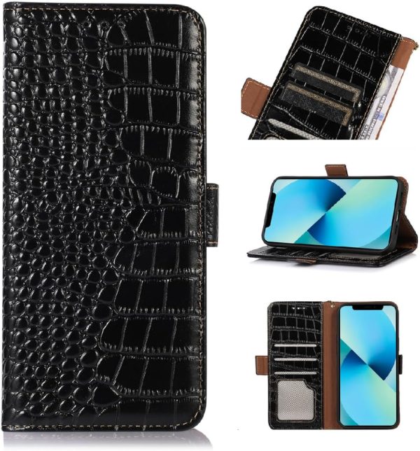 Genuine Leather Case for iPhone 17 Pro with 3 Credit Card Slot RFID Blocking,Crocodile Pattern and Magnetic Closure with Full Body Screen Camera Protective Flip Cover - Brown