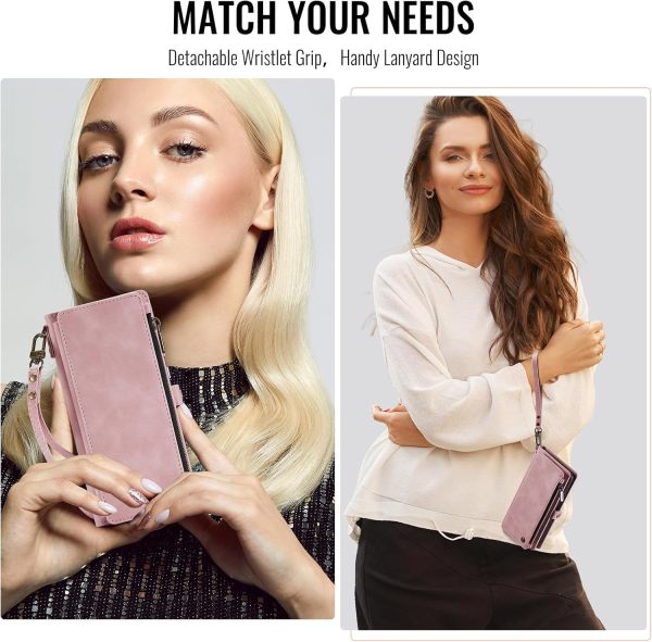 Defencase Compatible with iPhone 17 Case Wallet with RFID Blocking Card Holder for Women and Men, Fashion PU Leather Magnetic Snap Flip Zipper Strap Wallet Phone Case for iPhone 17 6.3", Rose Pink