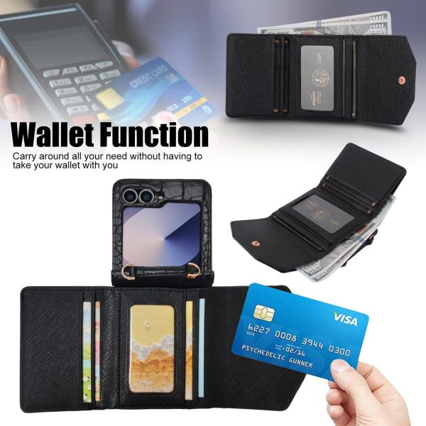 Samsung Galaxy Z Flip 6 Wallet Case with Built-in Leather Cash Slot and Credit Card Holder, Crocodile, Adjustable Crossbody Strap, Hinge Protection - Image 3