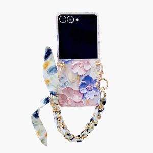 Samsung Galaxy Z Flip 7/6/5 Offers a Flat Embossed Watercolor Floral Full wrap Phone case, Complete with a Silk Scarf/Bracelet and an Exquisite Oil Painting Pattern.