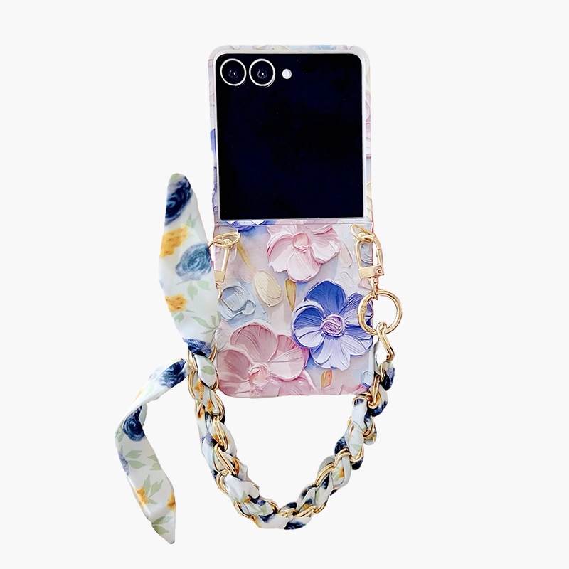 Samsung Galaxy Z Flip 7/6/5 Offers a Flat Embossed Watercolor Floral Full wrap Phone case, Complete with a Silk Scarf/Bracelet and an Exquisite Oil Painting Pattern.
