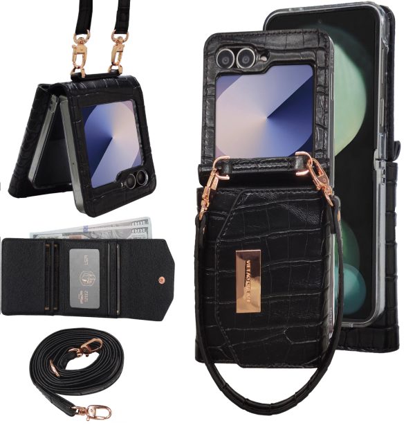 Samsung Galaxy Z Flip 6 Wallet Case with Built-in Leather Cash Slot and Credit Card Holder, Crocodile, Adjustable Crossbody Strap, Hinge Protection - Image 5