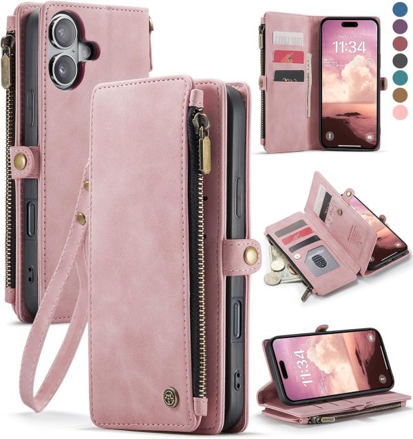 Defencase Compatible with iPhone 17 Case Wallet with RFID Blocking Card Holder for Women and Men, Fashion PU Leather Magnetic Snap Flip Zipper Strap Wallet Phone Case for iPhone 17 6.3", Rose Pink
