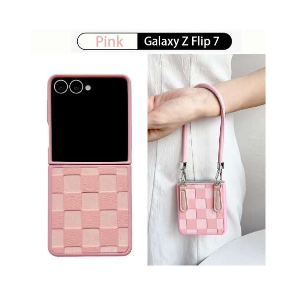 Samsung Galaxy Z Flip 7 Full Cover Composite Square Plaid Case with Handle, Simple Plaid Pattern. - Image 3