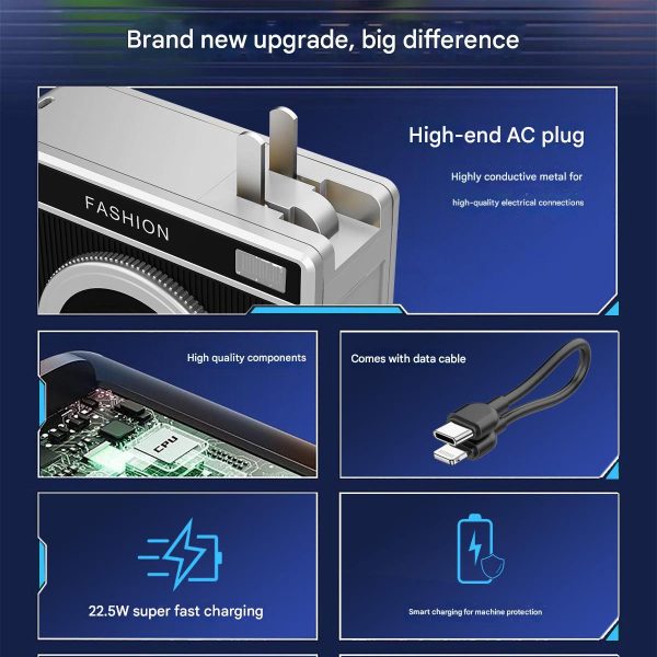 20000 mAh 3-in-1 Function, Camera-designed Power Bank, 22.5 PD Fast Charging, 15W Magnetic Wireless Charging, High-stability AC Plug, Magnetic Bracket Design, With Lightning And Type-C Conversion Cable. - Image 4