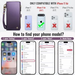 Defencase Compatible with iPhone 17 Air Case Wallet with RFID Blocking Card Holder for Women Men, Fashion PU Leather Magnetic Snap Flip Zipper Strap Wallet Phone Case for iPhone 17 Air 6.5", Purple