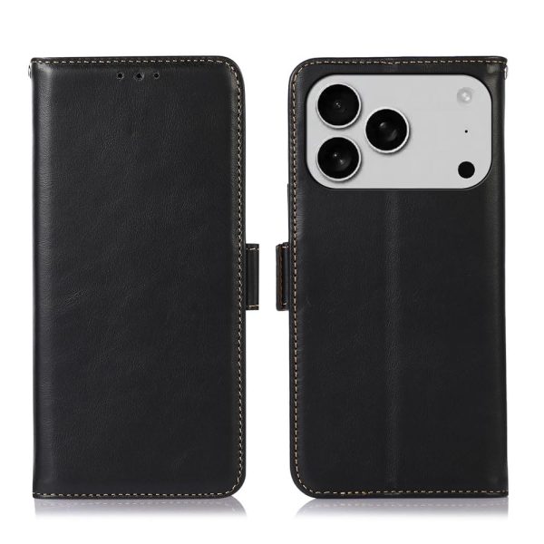Genuine Leather Case for iPhone 17 Pro with 3 Credit Card Slot RFID Blocking,Crocodile Pattern and Magnetic Closure with Full Body Screen Camera Protective Flip Cover - Brown