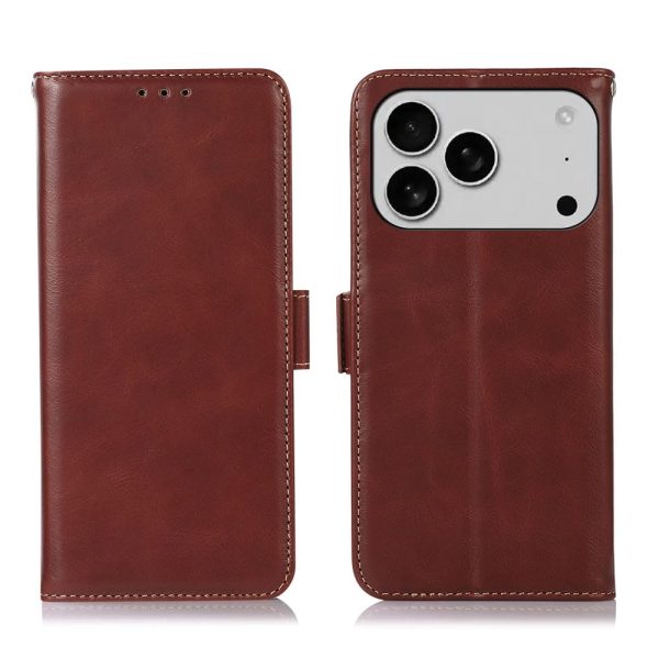 Genuine Leather Case for iPhone 17 Pro with 3 Credit Card Slot RFID Blocking,Crocodile Pattern and Magnetic Closure with Full Body Screen Camera Protective Flip Cover - Brown