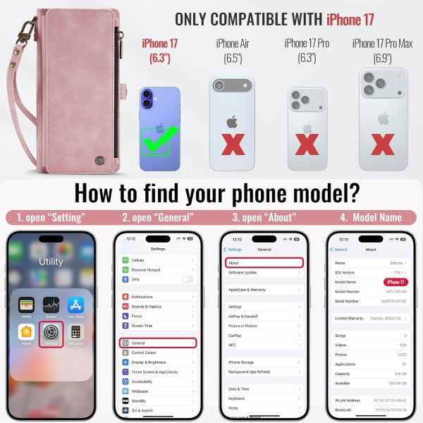 Defencase Compatible with iPhone 17 Case Wallet with RFID Blocking Card Holder for Women and Men, Fashion PU Leather Magnetic Snap Flip Zipper Strap Wallet Phone Case for iPhone 17 6.3", Rose Pink