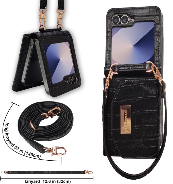 Samsung Galaxy Z Flip 6 Wallet Case with Built-in Leather Cash Slot and Credit Card Holder, Crocodile, Adjustable Crossbody Strap, Hinge Protection - Image 2