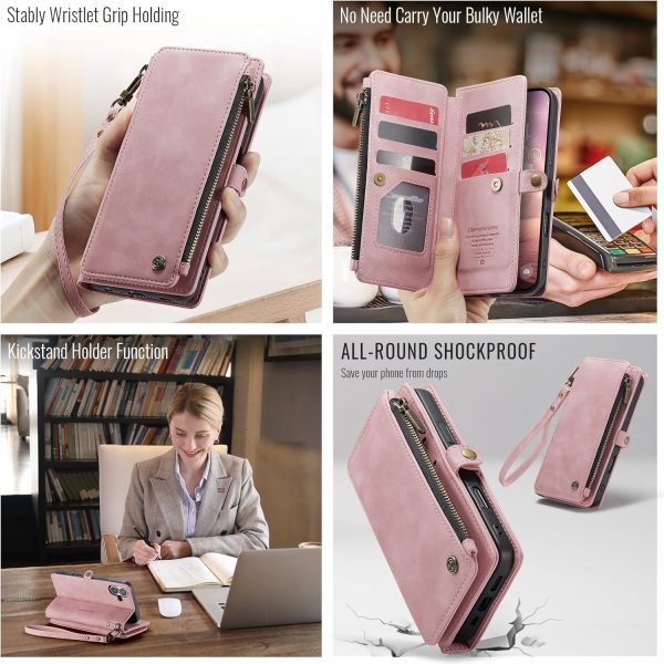 Defencase Compatible with iPhone 17 Case Wallet with RFID Blocking Card Holder for Women and Men, Fashion PU Leather Magnetic Snap Flip Zipper Strap Wallet Phone Case for iPhone 17 6.3", Rose Pink