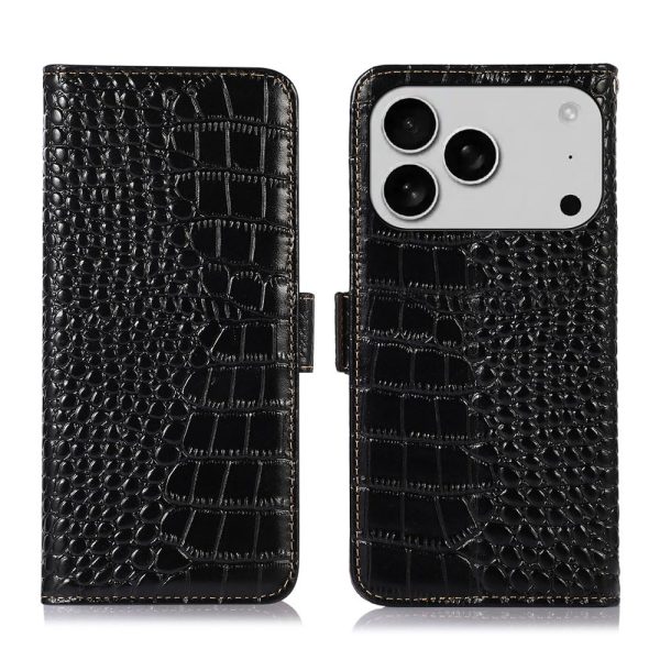 Genuine Leather Case for iPhone 17 Pro with 3 Credit Card Slot RFID Blocking,Crocodile Pattern and Magnetic Closure with Full Body Screen Camera Protective Flip Cover - Brown