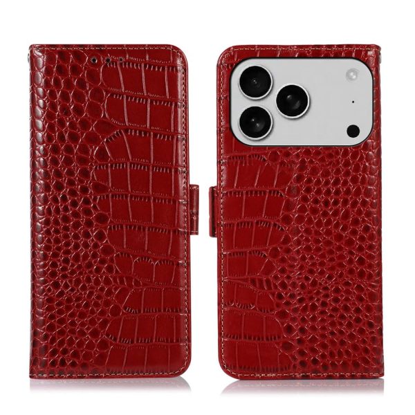 Genuine Leather Case for iPhone 17 Pro with 3 Credit Card Slot RFID Blocking,Crocodile Pattern and Magnetic Closure with Full Body Screen Camera Protective Flip Cover - Brown