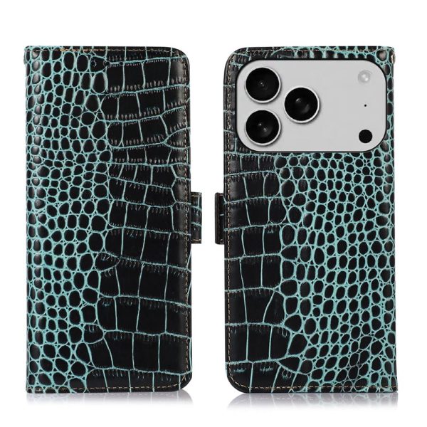 Genuine Leather Case for iPhone 17 Pro with 3 Credit Card Slot RFID Blocking,Crocodile Pattern and Magnetic Closure with Full Body Screen Camera Protective Flip Cover - Brown