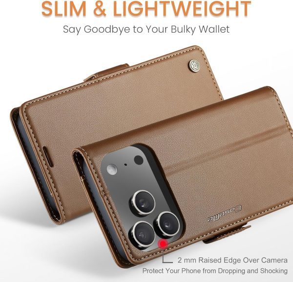 for iPhone 17 Pro Max Wallet Case, RFID Blocking with Kickstand 3 Credit Card Slot and Cash Slot Magnetic Closure Wireless Charging Slim PU Leather Protective Cover - Brown