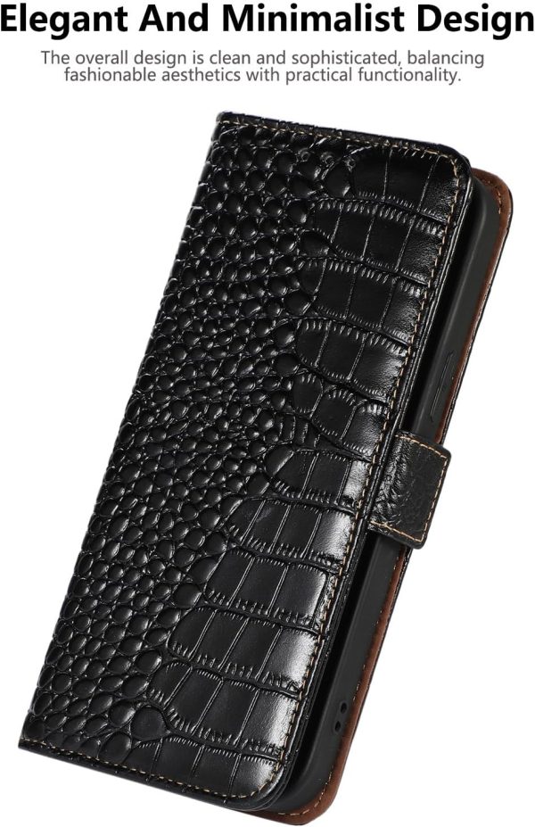 Genuine Leather Case for iPhone 17 Pro with 3 Credit Card Slot RFID Blocking,Crocodile Pattern and Magnetic Closure with Full Body Screen Camera Protective Flip Cover - Brown