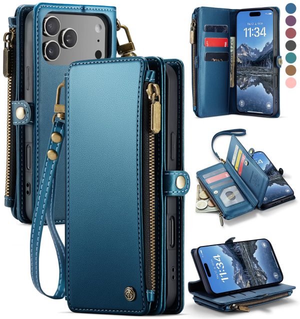 Defencase Compatible with iPhone 17 Pro Case Wallet with RFID Blocking Card Holder for Women and Men, PU Leather Magnetic Snap Flip Zipper Strap Wallet Phone Case for iPhone 17 Pro 6.3", Blue Green