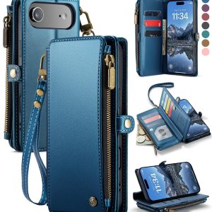 Ximand Compatible with iPhone 17 Air Case Wallet with RFID Blocking Card Holder for Women Men, Fashion PU Leather Magnetic Snap Flip Zipper Strap Wallet Phone Case for iPhone 17 Air 6.5" - Dark Blue