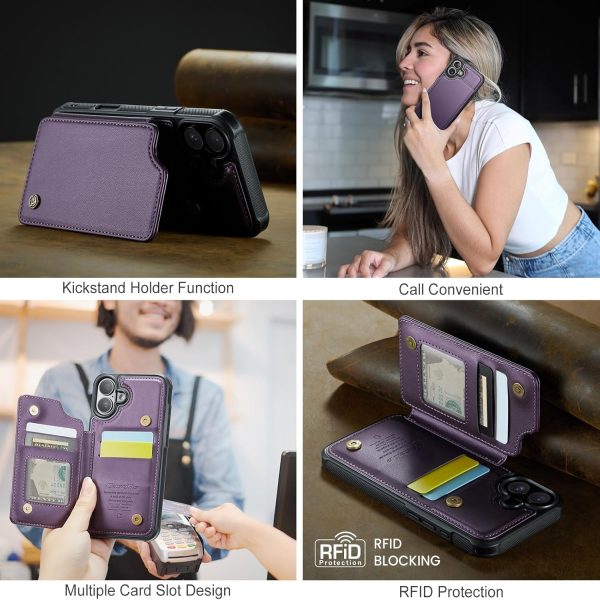 for iPhone 17 Wallet Case with RFID Blocking and 4 Credit Card Holder, Premium Durable Slim Leather Magnetic Clasp Kickstand Heavy Duty Shockproof Protective Cover.- Purple