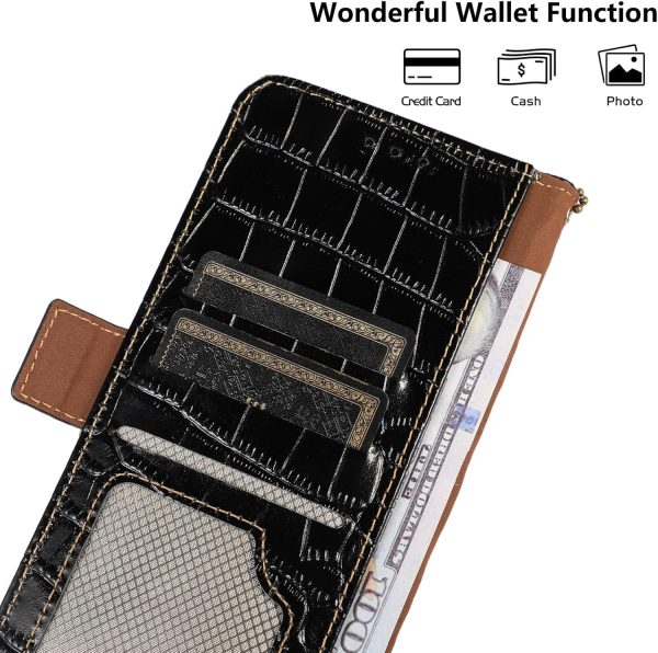 Genuine Leather Case for iPhone 17 Pro with 3 Credit Card Slot RFID Blocking,Crocodile Pattern and Magnetic Closure with Full Body Screen Camera Protective Flip Cover - Brown