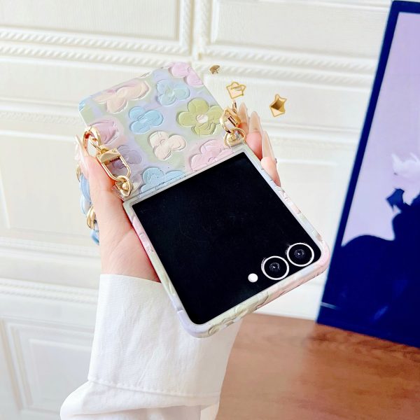 Samsung Galaxy Z Flip 7/6/5 Offers a Flat Embossed Watercolor Floral Full wrap Phone case, Complete with a Silk Scarf/Bracelet and an Exquisite Oil Painting Pattern. - Image 3