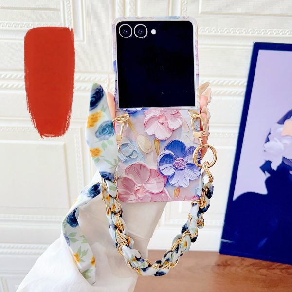 Samsung Galaxy Z Flip 7/6/5 Offers a Flat Embossed Watercolor Floral Full wrap Phone case, Complete with a Silk Scarf/Bracelet and an Exquisite Oil Painting Pattern. - Image 2