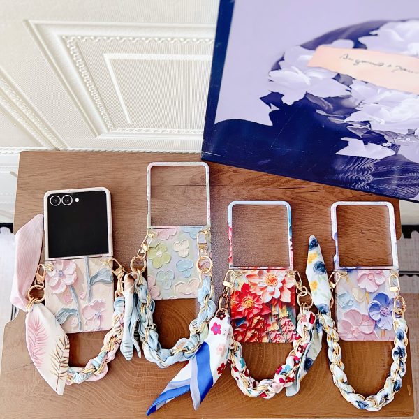 Samsung Galaxy Z Flip 7/6/5 Offers a Flat Embossed Watercolor Floral Full wrap Phone case, Complete with a Silk Scarf/Bracelet and an Exquisite Oil Painting Pattern. - Image 6