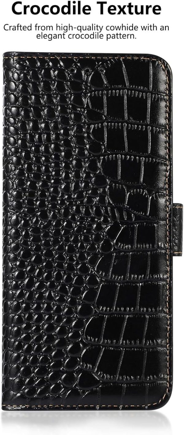 Genuine Leather Case for iPhone 17 Pro with 3 Credit Card Slot RFID Blocking,Crocodile Pattern and Magnetic Closure with Full Body Screen Camera Protective Flip Cover - Brown