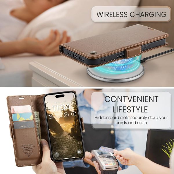 for iPhone 17 Pro Max Wallet Case, RFID Blocking with Kickstand 3 Credit Card Slot and Cash Slot Magnetic Closure Wireless Charging Slim PU Leather Protective Cover - Brown