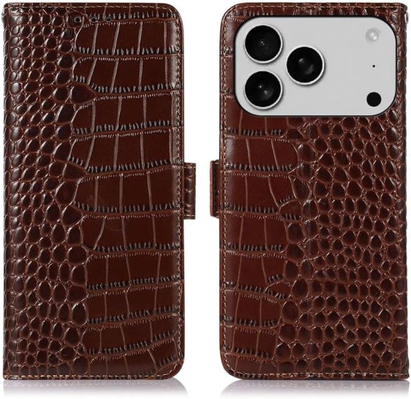 Genuine Leather Case for iPhone 17 Pro with 3 Credit Card Slot RFID Blocking,Crocodile Pattern and Magnetic Closure with Full Body Screen Camera Protective Flip Cover - Brown