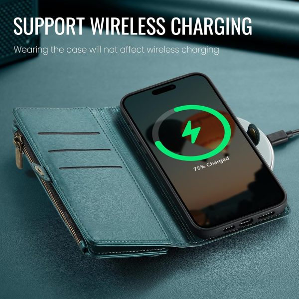 Defencase Compatible with iPhone 17 Pro Case Wallet with RFID Blocking Card Holder for Women and Men, PU Leather Magnetic Snap Flip Zipper Strap Wallet Phone Case for iPhone 17 Pro 6.3", Blue Green