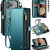 Defencase Compatible with iPhone 17 Pro Case Wallet with RFID Blocking Card Holder for Women and Men, PU Leather Magnetic Snap Flip Zipper Strap Wallet Phone Case for iPhone 17 Pro 6.3", Blue Green