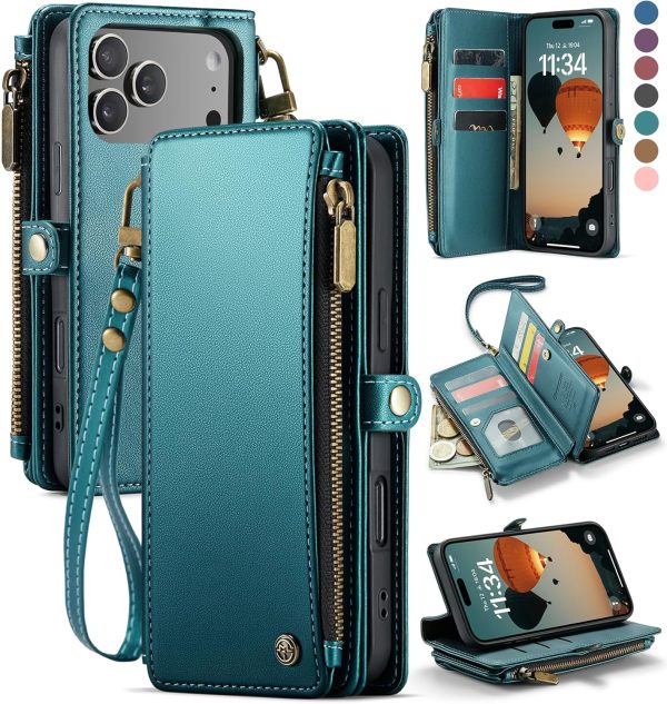 Defencase Compatible with iPhone 17 Pro Case Wallet with RFID Blocking Card Holder for Women and Men, PU Leather Magnetic Snap Flip Zipper Strap Wallet Phone Case for iPhone 17 Pro 6.3", Blue Green
