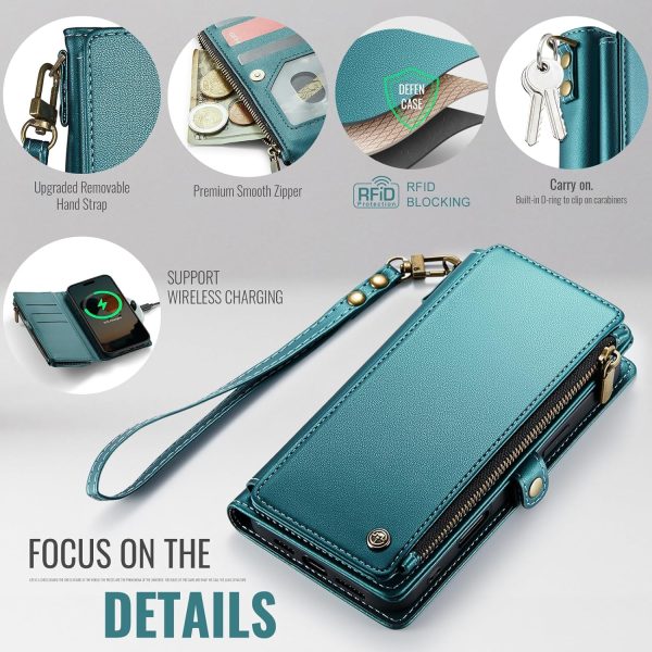 Defencase Compatible with iPhone 17 Pro Case Wallet with RFID Blocking Card Holder for Women and Men, PU Leather Magnetic Snap Flip Zipper Strap Wallet Phone Case for iPhone 17 Pro 6.3", Blue Green